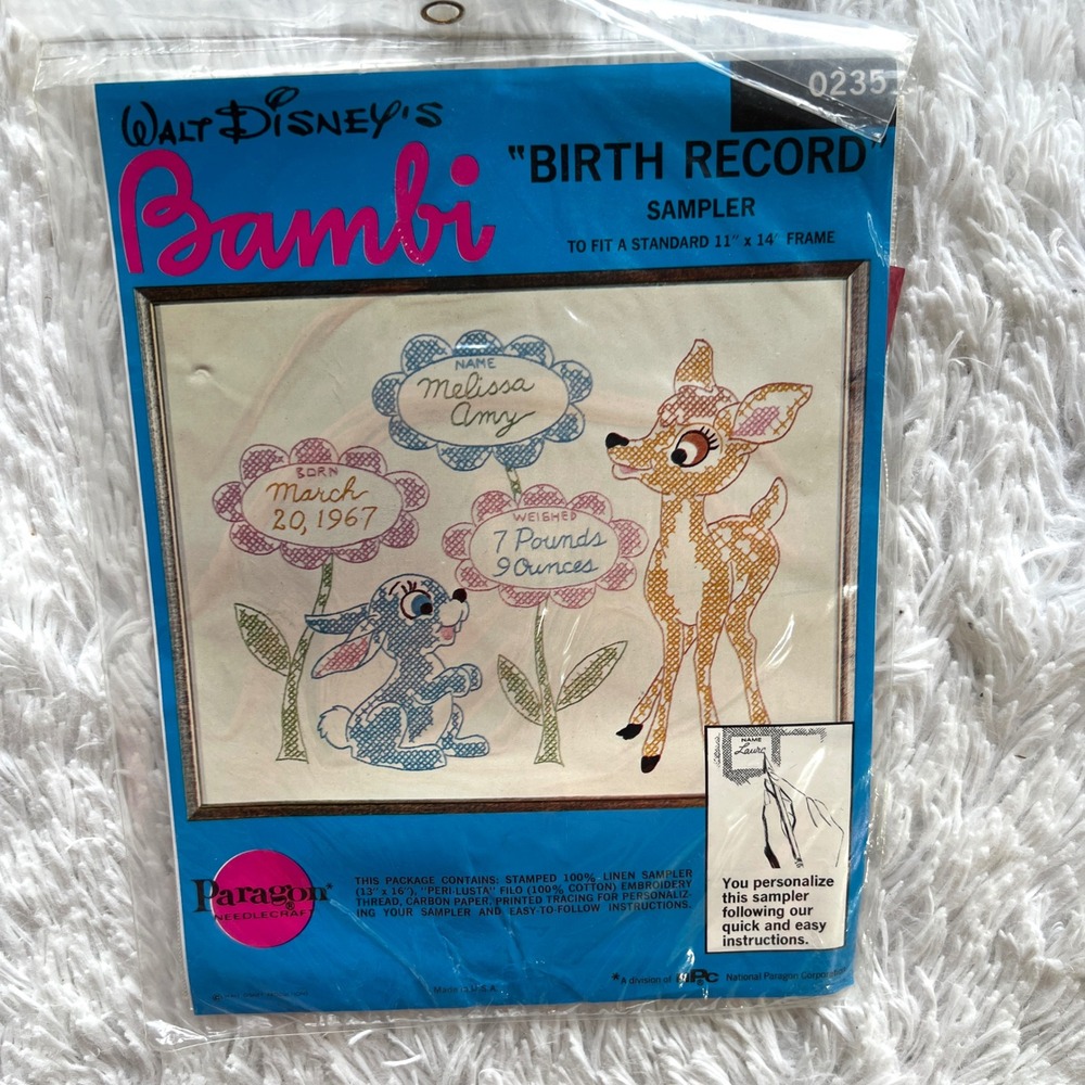 Vintage Walt Disney Bambi Birth Record Sampler 0235 Thumper 11x14 Embroidery Kit